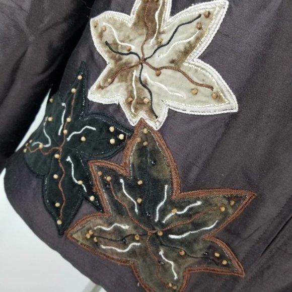 Anage Brown Cream Floral Embellished Silk Vintage Zip Up Lined Jacket Medium - Picture 4 of 6
